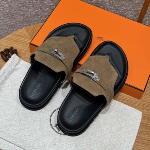 HERMES 258 Empire 夹脚拖 灰绿色/Grayish green 麂皮/Chamois leather